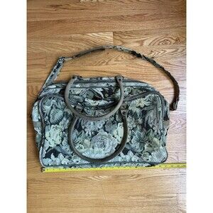 Vintage Carry On Large Duffle Weekender Carpet Bag Floral Tapestry Leather